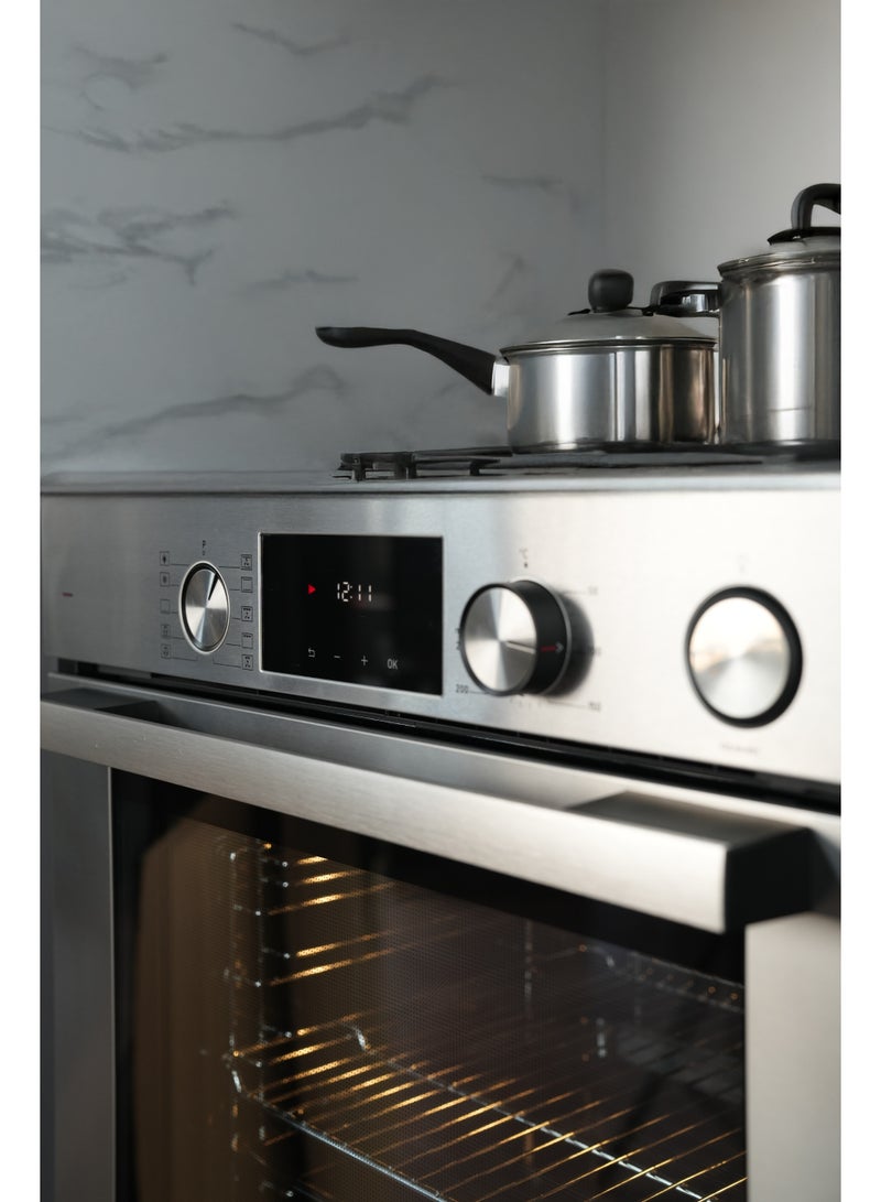 ستارواي فرن كهربائي مدمج من ستارواي، سعة 132 لتر، أبعاده 60 × 90 سم، مزود بخاصية الطهي بالبخار، ومروحة توربو، و10 وظائف، وباب فرن ثلاثي الطبقات، لون فضي. - Image 2